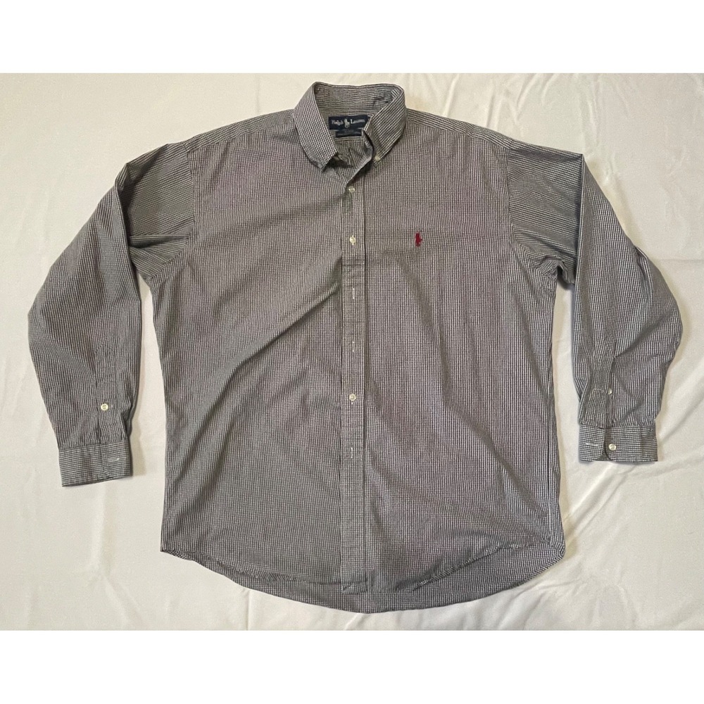 Ralph Lauren Blue Label Blake Men's L Navy Gingham 2‑Ply Cotton Button‑Down